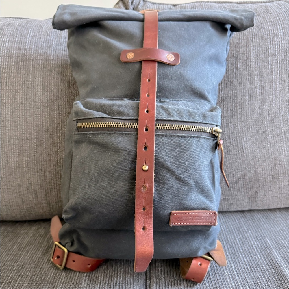 Bradley Mountain Waxed Canvas Roll-Top Backpack with Brown Leather Trim - Slate